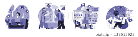 Cyberspace concept set for web design. Collection with people in VR headsets interacting with virtual reality, working, engineering in simulation, paying shopping, playing game. Vector illustration. Cyberspace concept set for web design. Collection with people in VR headsets interacting with virtual reality, working, engineering in simulation, paying shopping, playing game. Vector illustration. 138613923