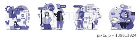 Customer service concept set for web design. Collection with people consulting online at helpline, operators solving technical problems, answering clients calls and messages. Vector illustration. Customer service concept set for web design. Collection with people consulting online at helpline, operators solving technical problems, answering clients calls and messages. Vector illustration. 138613924