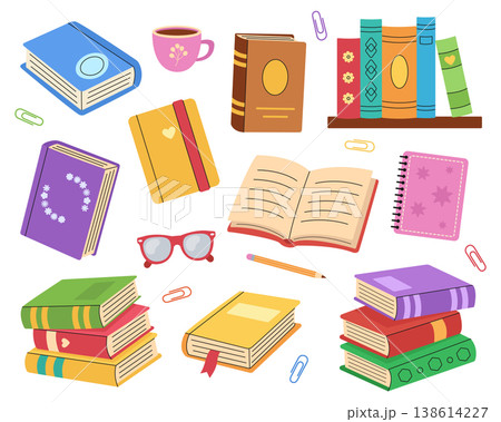 Book collection. Various stacks of books, open books, notebook for notes. Vector illustration in flat style. White isolated background 138614227