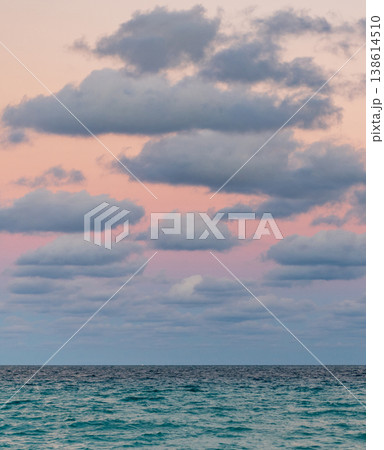 Sunrise with sea beach. Dramatic sunrise horizon at sea. Romantic summer vacation on sunset seascape. Sea sunset on ocean. Sunset seascape at summer vacation. Sea breeze 138614510