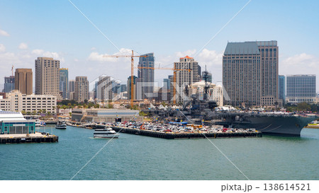 San Diego, California, USA - May 17, 2019: USS Midway aircraft carrier museum, United States Navy. Aircraft carrier navy ship at sea. Midway aircraft carrier museum of USA naval. Military ship San Diego, California, USA - May 17, 2019: USS Midway aircraft carrier museum, United States Navy. Aircraft carrier navy ship at sea. Midway aircraft carrier museum of USA naval. Military ship 138614521