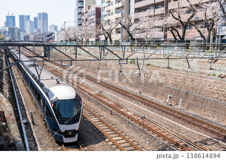 【湘南新宿ライン】桜並木の側を通過する回送電車 【湘南新宿ライン】桜並木の側を通過する回送電車 138614894