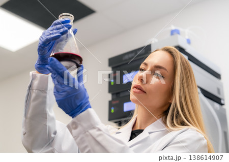 Technician inspecting red liquid in glass flask at laboratory workstation. Technician inspecting red liquid in glass flask at laboratory workstation. 138614907