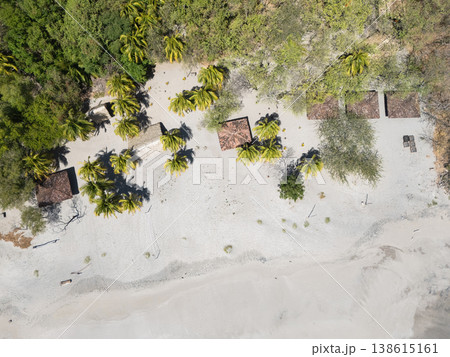 Beach huts and palm trees near the sandy shore at midday 138615161