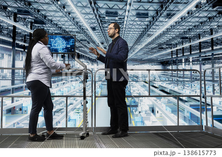 Managing microchip factory resource allocation, AI deep learning and team of managers. Using neural network, semiconductor and directors analyzing industry 4.0 plant operations efficiency 138615773