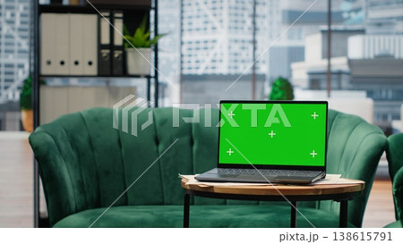 Empty modern luxurious office showcasing isolated display on laptop, high end workspace equipped with professional gadgets and networking system. Career development and motivation. 138615791