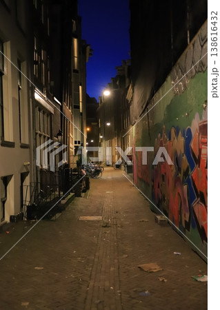 夜の路地に描かれたストリートアートと静かな街灯 夜の路地に描かれたストリートアートと静かな街灯 138616432