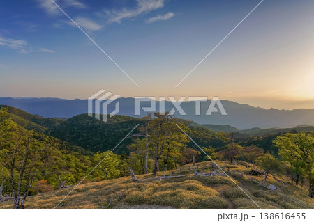 夕暮れ時に輝く大台ヶ原の絶景。新緑の山々と黄金色の光 138616455