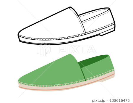 Green espadrille flat shoe women flat plus line set. Stitch detail canvas footwear for fashion catalog travel project.  138616476