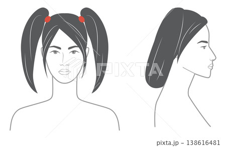 Bunches Pigtail hairstyle black white front profile views, double ponytails structure for avatar, salon visuals, beauty 138616481