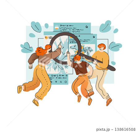 Adults and teenager look at social media using a magnifying glass, family cares about a child when he interacts with social media 138616508