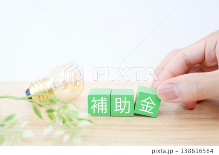 補助金と電球・エコな電気代補助のイメージ緑ブロック文字 138616584