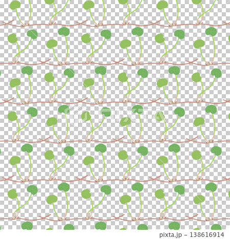 Seamless pattern background material featuring rows of roots creeping alongside centella asiatica. 138616914