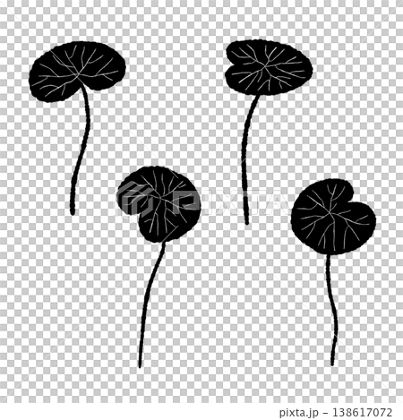 A set of monochrome silhouette illustrations of four leaves with a stem attached to a centella asiatica plant. 138617072