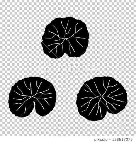 A set of monochrome silhouette illustrations of three stemless Centella asiatica leaves (viewed from above). A set of monochrome silhouette illustrations of three stemless Centella asiatica leaves (viewed from above). 138617073