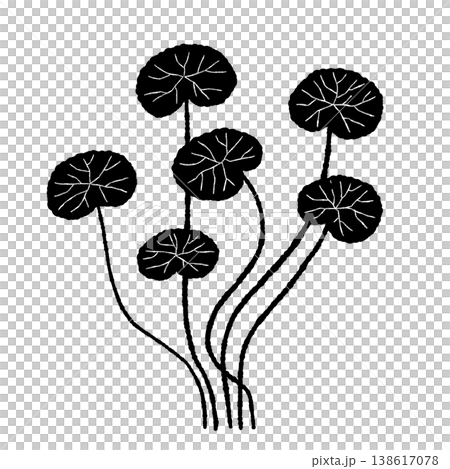 A monochrome silhouette illustration of a dense cluster of Centella asiatica leaves. A monochrome silhouette illustration of a dense cluster of Centella asiatica leaves. 138617078