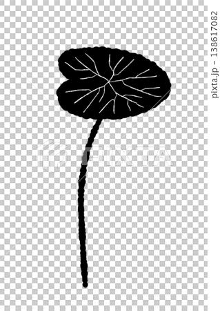 A monochrome silhouette illustration of a centella asiatica plant with a slightly curved stem and elongated leaves. 138617082