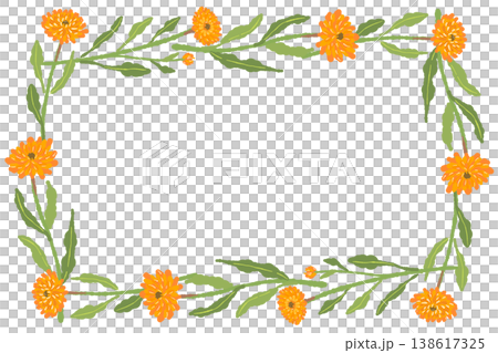 カレンデュラの花と葉の横長四角フレームイラスト素材 138617325