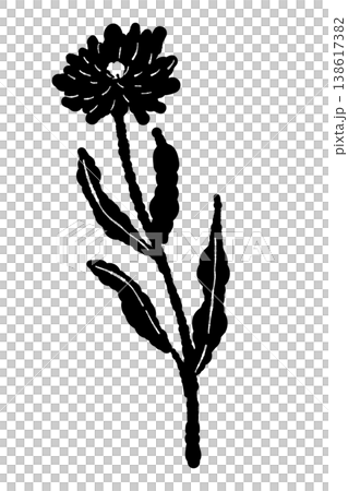A monochrome silhouette illustration of a single calendula flower with a curved stem. 138617382
