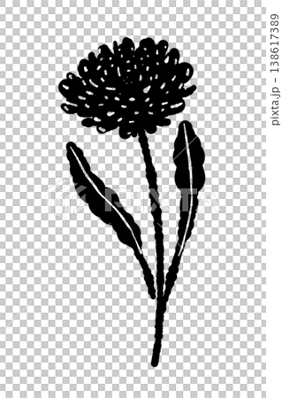 一幅單色剪影插圖,描繪了一朵傾斜莖的金盞花。 一幅單色剪影插圖,描繪了一朵傾斜莖的金盞花。 138617389