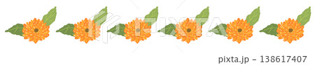 カレンデュラの花と葉がジグザグに連なる横長ボーダーイラスト カレンデュラの花と葉がジグザグに連なる横長ボーダーイラスト 138617407