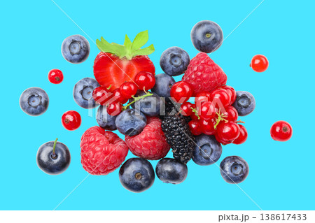 Clusters of red, blue, and black berries arranged together Clusters of red, blue, and black berries arranged together 138617433