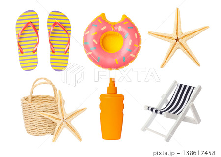 Collection of summer items for beach activities, PNG 138617458