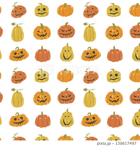 色々なジャックオランタン（ハロウィンかぼちゃ）のシームレスパターン背景 138617497