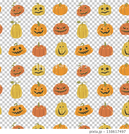 色々なジャックオランタン（ハロウィンかぼちゃ）のシームレスパターン背景 138617497