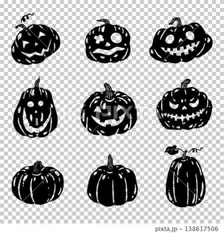 ハロウィンかぼちゃ（ジャックオランタン）のバリエーションセットのモノクロシルエット 138617506