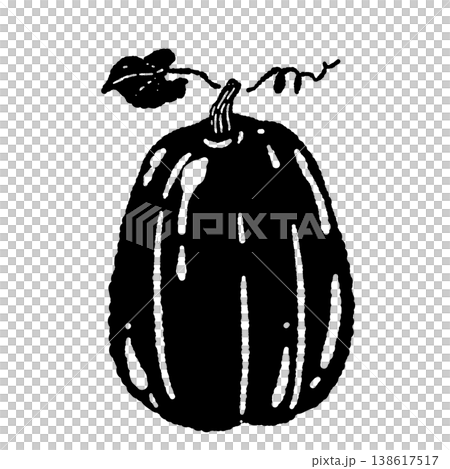 A monochrome silhouette illustration of a tall, slender pumpkin with a vine (faceless, single pumpkin). 138617517