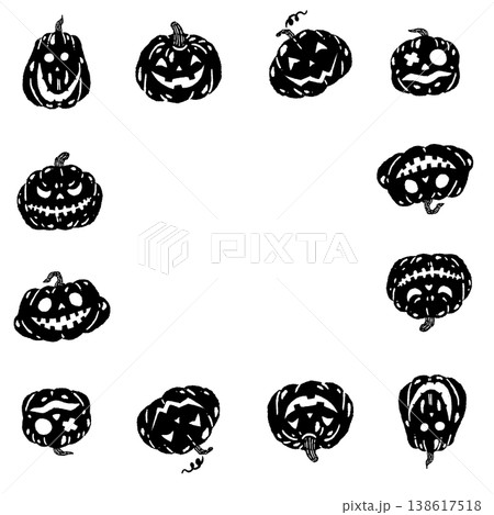 ハロウィンかぼちゃ(ジャックオランタン)の四角形フレーム枠モノクロ素材 ハロウィンかぼちゃ(ジャックオランタン)の四角形フレーム枠モノクロ素材 138617518