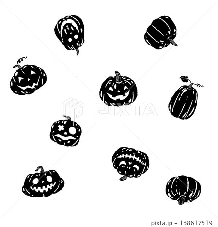 ハロウィンかぼちゃ（ジャックオランタン）の散らし配置モノクロシルエットイラスト 138617519