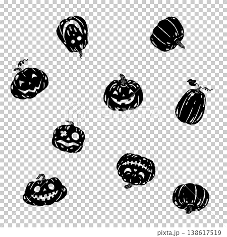 A monochrome silhouette illustration of scattered Halloween pumpkins (jack-o'-lanterns). A monochrome silhouette illustration of scattered Halloween pumpkins (jack-o'-lanterns). 138617519