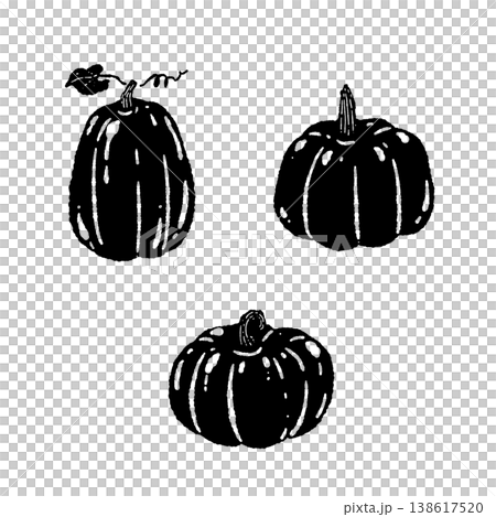 3つのかぼちゃ(顔なし・野菜)の手描きモノクロシルエットグループ素材 3つのかぼちゃ(顔なし・野菜)の手描きモノクロシルエットグループ素材 138617520