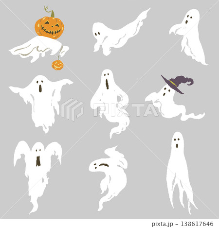 ゴーストのバリエーションセット（グレー背景）手描きイラスト 138617646