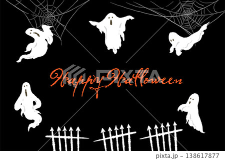 ハロウィンの背景イラスト ゴーストと柵とクモの巣 ハロウィンの背景イラスト ゴーストと柵とクモの巣 138617877