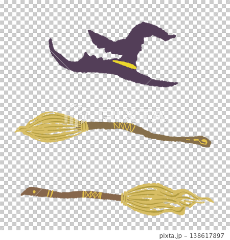 Hand-drawn illustration of a witch's hat and broom flying sideways. 138617897