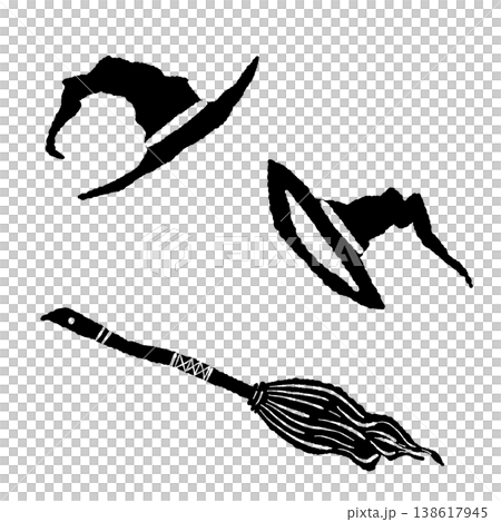 Monochrome silhouette illustration of a witch's hat and broom flying through the sky. Monochrome silhouette illustration of a witch's hat and broom flying through the sky. 138617945