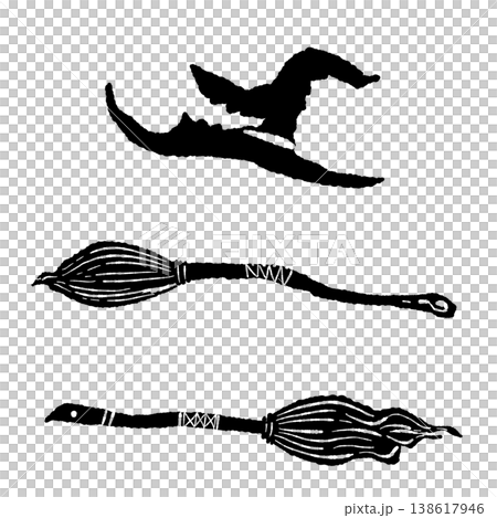 A monochrome silhouette illustration of a witch's hat and broom flying sideways. 138617946