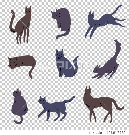 A set of hand-drawn illustrations of black cats in various poses. A set of hand-drawn illustrations of black cats in various poses. 138617982