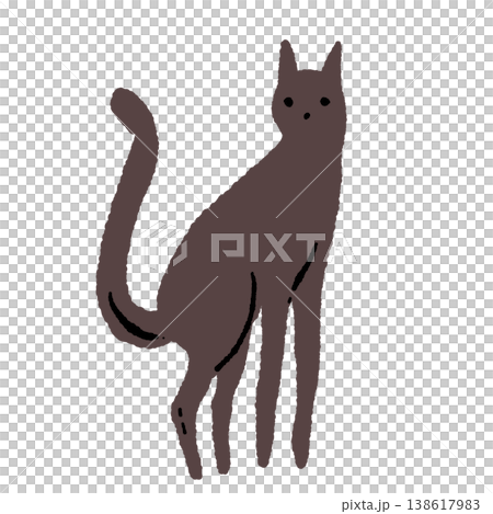 Hand-drawn illustration of a standing black cat (single, brownish) 138617983
