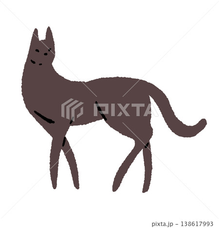 立つ黒猫（単体・横向き・茶色系）の手描きイラスト素材 138617993