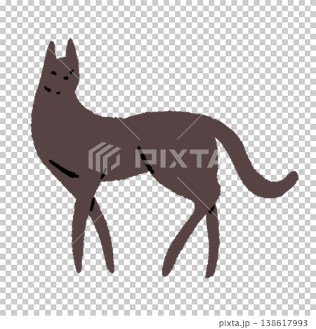Hand-drawn illustration of a standing black cat (single, sideways, brownish) Hand-drawn illustration of a standing black cat (single, sideways, brownish) 138617993
