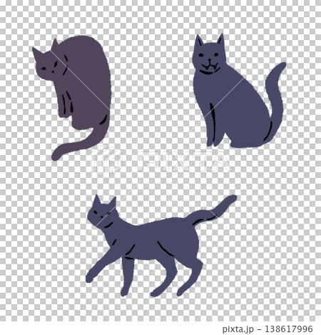3匹の黒猫(歩く・お座りなど)のバリエーションイラストセット 3匹の黒猫(歩く・お座りなど)のバリエーションイラストセット 138617996