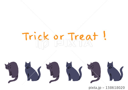 ハロウィン Trick or Treat 文字と下部中央に並ぶ複数の黒猫の縦型カード 138618020