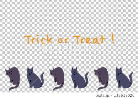 ハロウィン Trick or Treat 文字と下部中央に並ぶ複数の黒猫の縦型カード 138618020