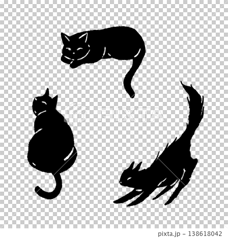 A monochrome silhouette illustration of three black cats (lying down, stretching, etc.) A monochrome silhouette illustration of three black cats (lying down, stretching, etc.) 138618042