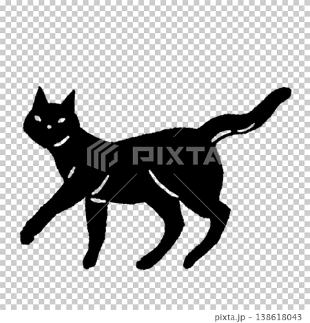 手繪單色剪影插圖，描繪一隻行走的黑貓（單幅，側視圖） 138618043