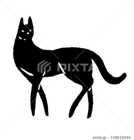 立つ黒猫(単体・横向き)のモノクロシルエット手描きイラスト素材 立つ黒猫(単体・横向き)のモノクロシルエット手描きイラスト素材 138618044